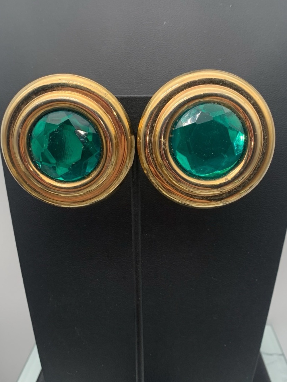 Vintage Gold-Tone large button style clip on Earrings with Green Gem Center